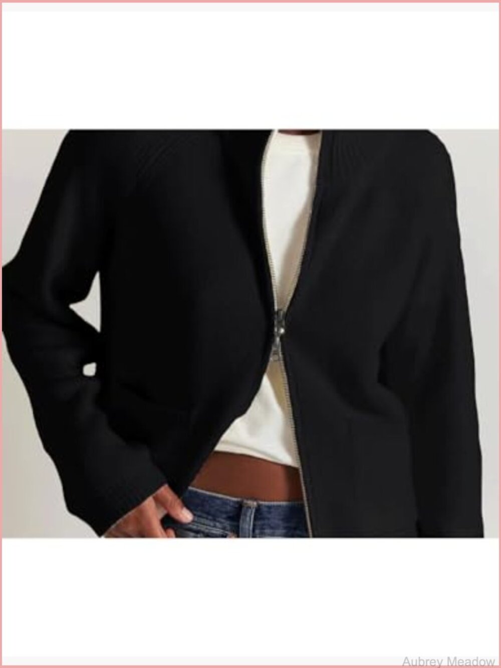 Double Zipper Open Front Cardigan Sweater Ribbed Knit Coat Pockets - Picture 5 of 7